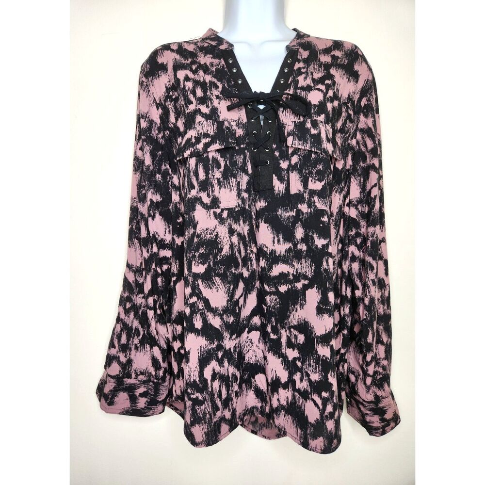 Rock & Republic Abstract Lace-Up Boho Top  Pink Black Casual Bohemian Med.